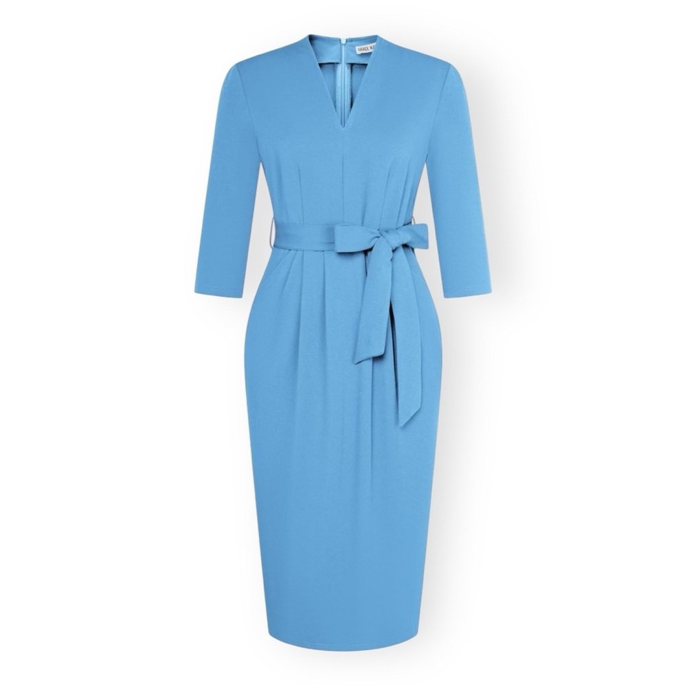 Grace Karin Light Blue V-Neck 3/4 Sleeve Tie Waist Sheath Dress w Pockets XXL 18